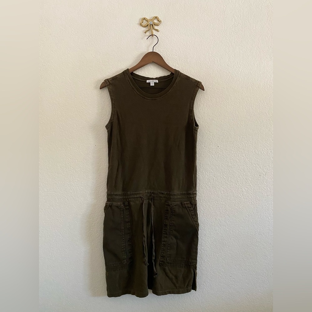 James Perse Sleeveless Green Dress Knit Denim Pockets Tie Waist Size 1 Small